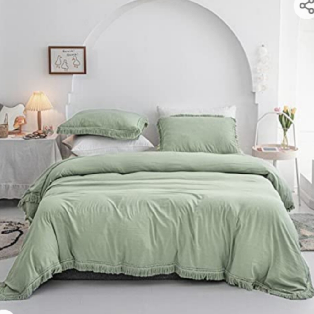 Mossy mint queen Duvet Cover with peek a boo fringe